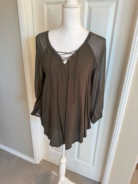 Express Olive Lace-Up Sheer Sleeve Blouse S-M